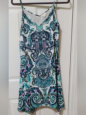 C White Slip Dress with Teal, Navy and Purple Paisley